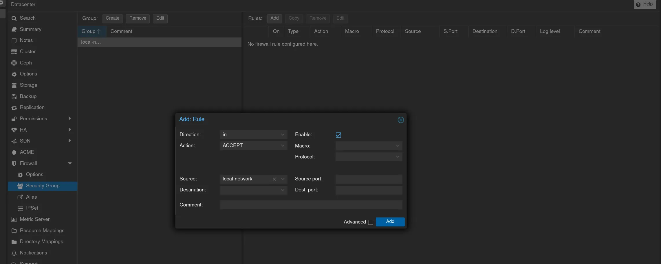 создаем правило для локальной сети