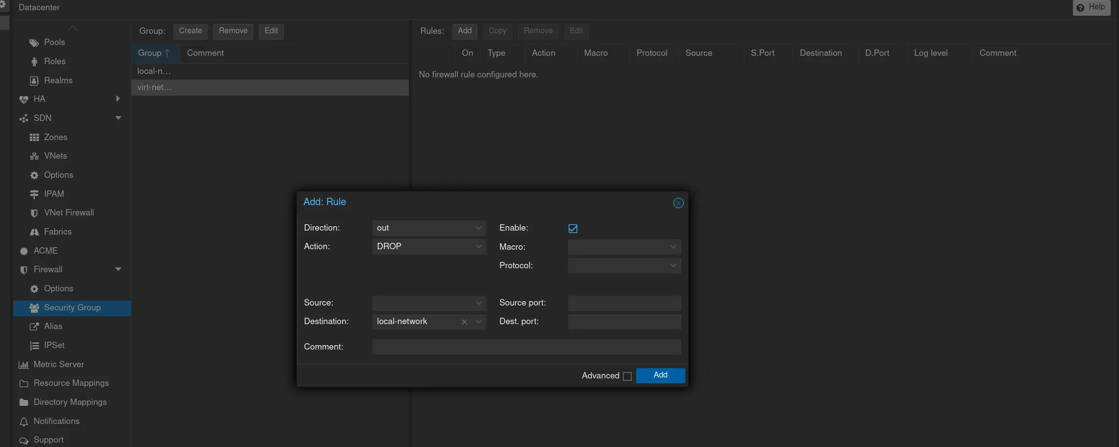 создаем правило для виртуальной группы