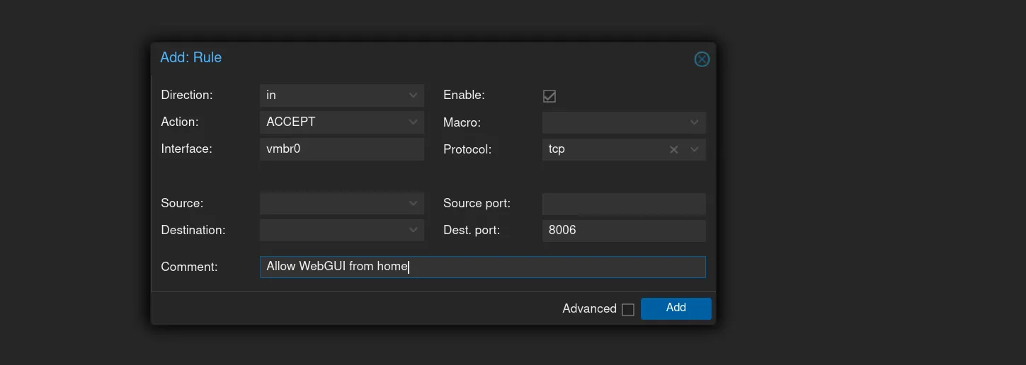 Правило для доступа к WebGUI (порт 8006)