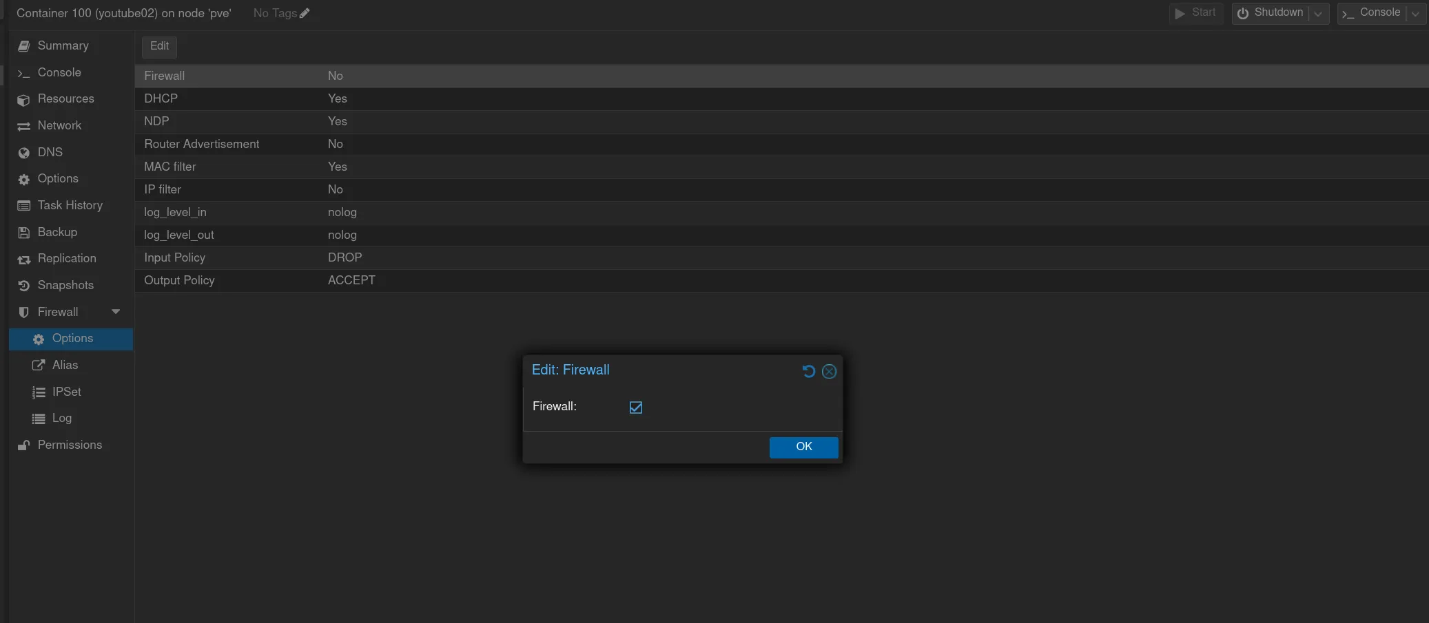 Включаем firewall в контейнере