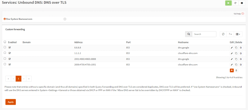 Список DNS over TLS серверов в OPNsense
