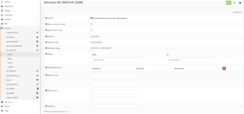 DHCP server settings on OPNsense