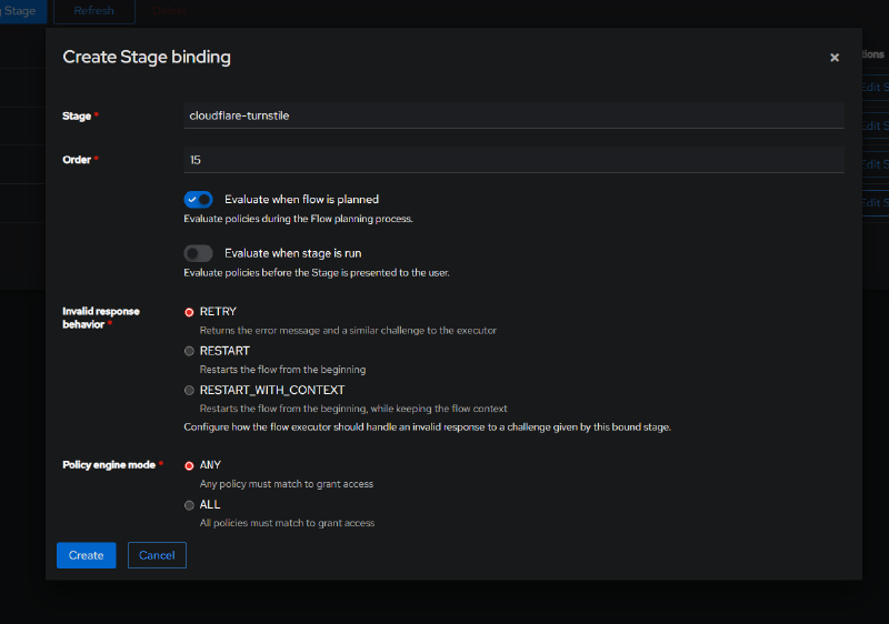 Binding the Turnstile stage to default-authentication-flow