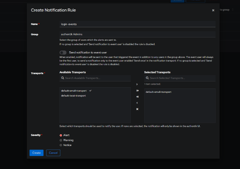 Notification Rule creation window - name, group, transport, severity