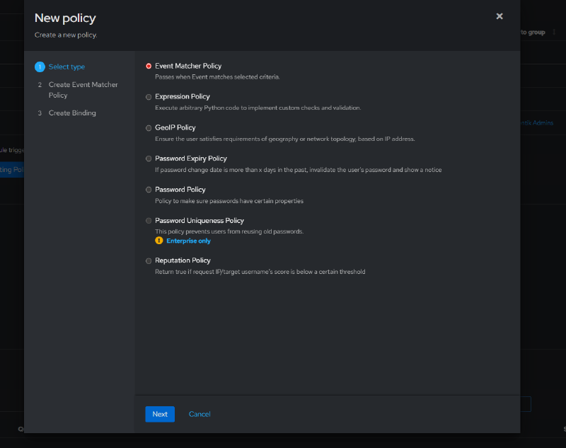 Selecting the policy type - Event Matcher Policy