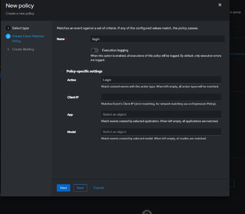 Configuring the Event Matcher Policy - name login and Action Login