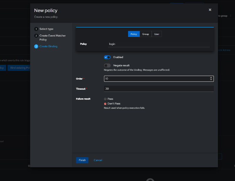 Creating the policy binding - Order 10, Enabled, Finish