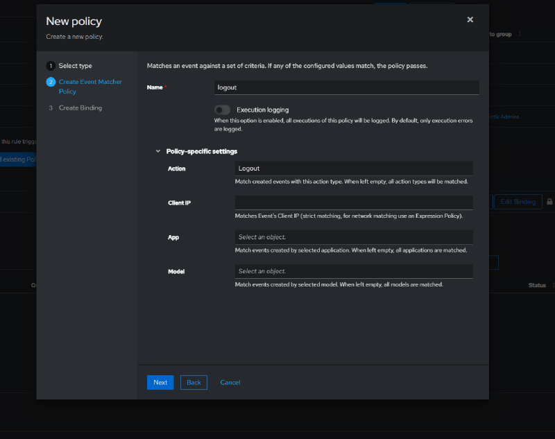 Event Matcher Policy for the Logout event