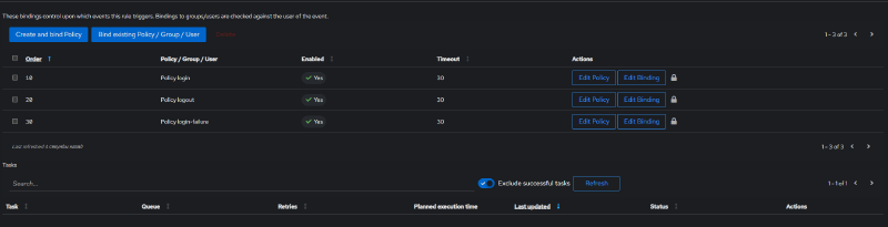 Final list of bound policies - login, logout, login-failure