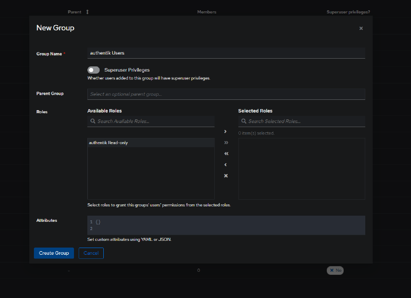 Creating the authentik Users group without Superuser Privileges