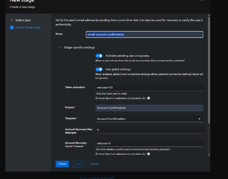 Configuring the Email Stage - name, email subject, template