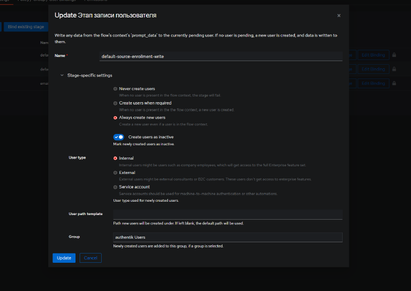 Configuring default-source-enrollment-write - Create users as inactive, group, and User type