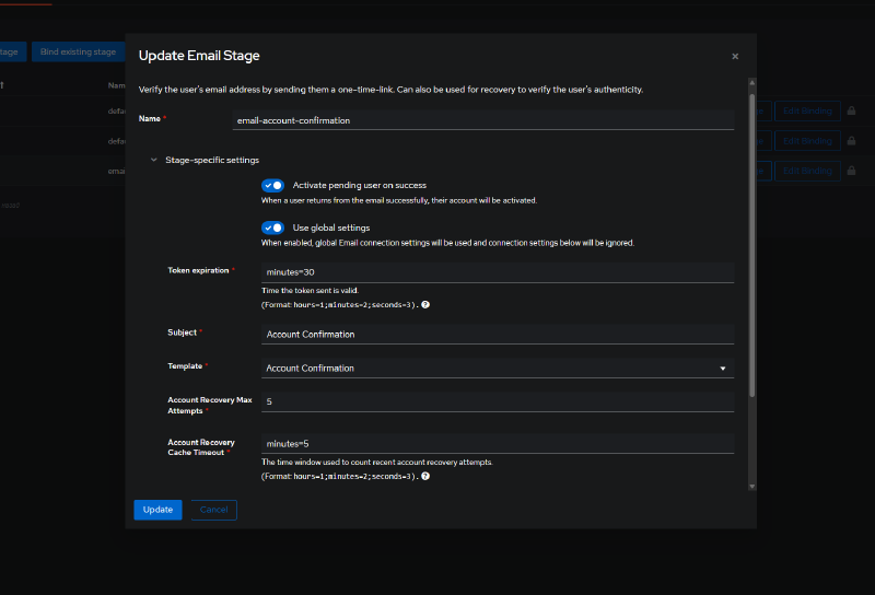 Configuring the email-account-confirmation stage - Activate pending users on success