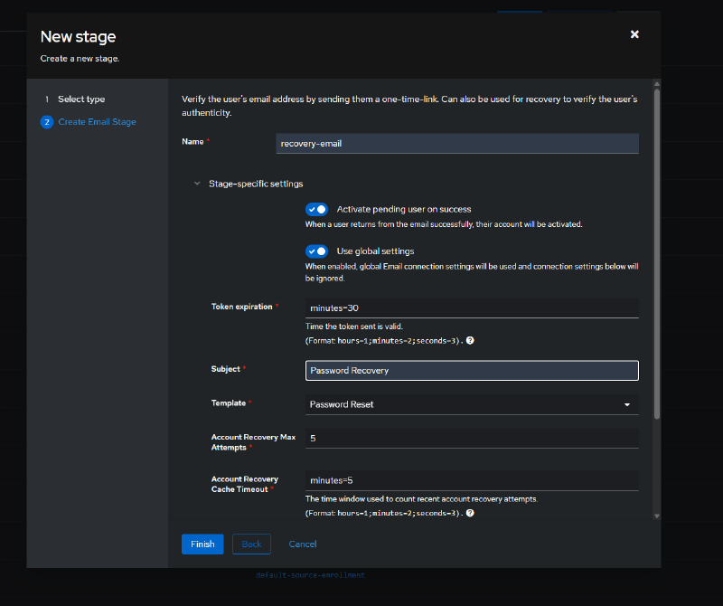 Configuring the Email Stage - subject and the Password Reset template