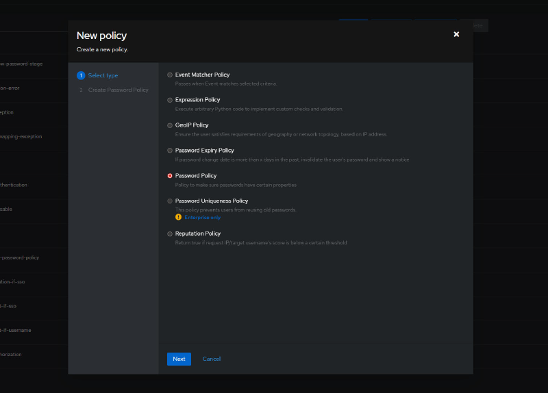 Selecting the policy type - Password Policy