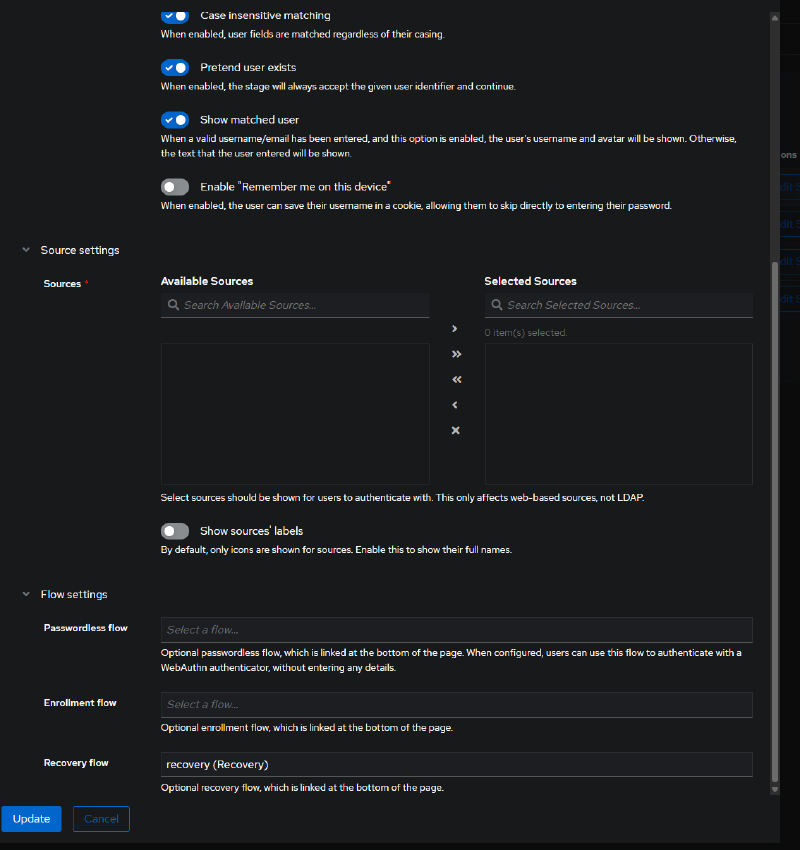Selecting the Recovery Flow in the default-authentication-identification settings