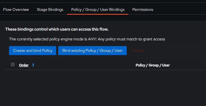 Policy/Group/User Bindings section of the default-authentication-flow
