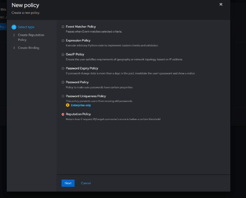 Selecting the policy type - Reputation Policy