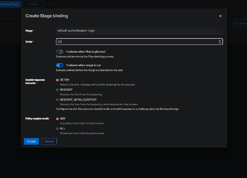 Binding the default-authentication-login stage to the passwordless flow
