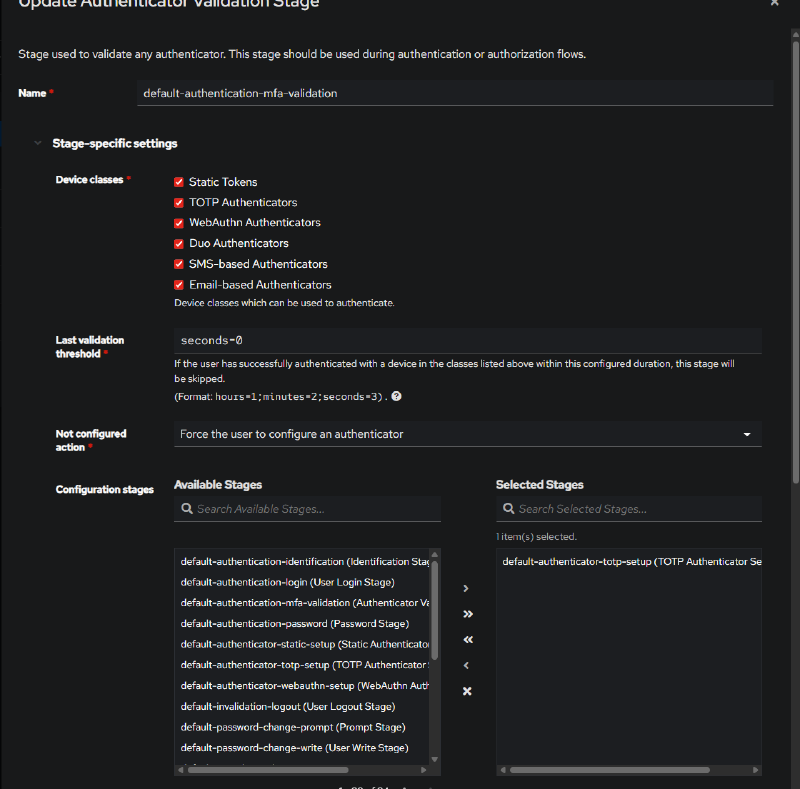 Configuring default-authentication-mfa-validation - TOTP Authenticator Setup Stage