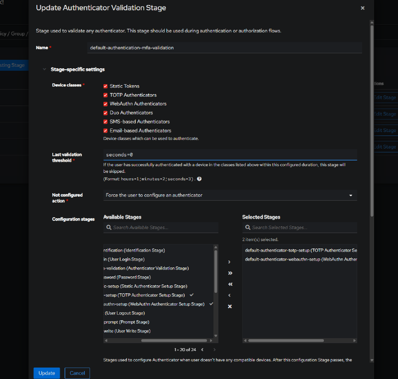 Adding the WebAuthn Authenticator Setup Stage to default-authentication-mfa-validation