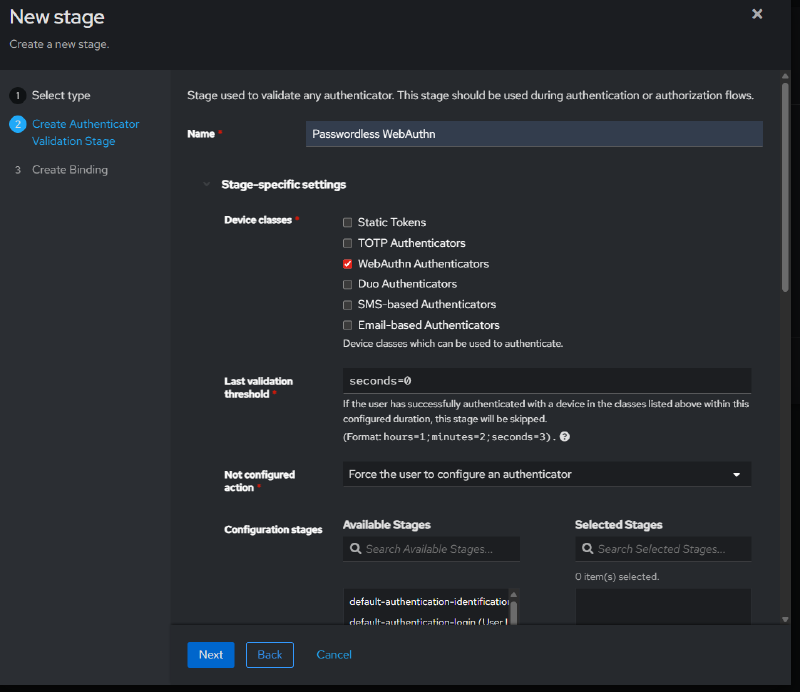 Configuring the Authenticator Validation Stage - Device Classes WebAuthn