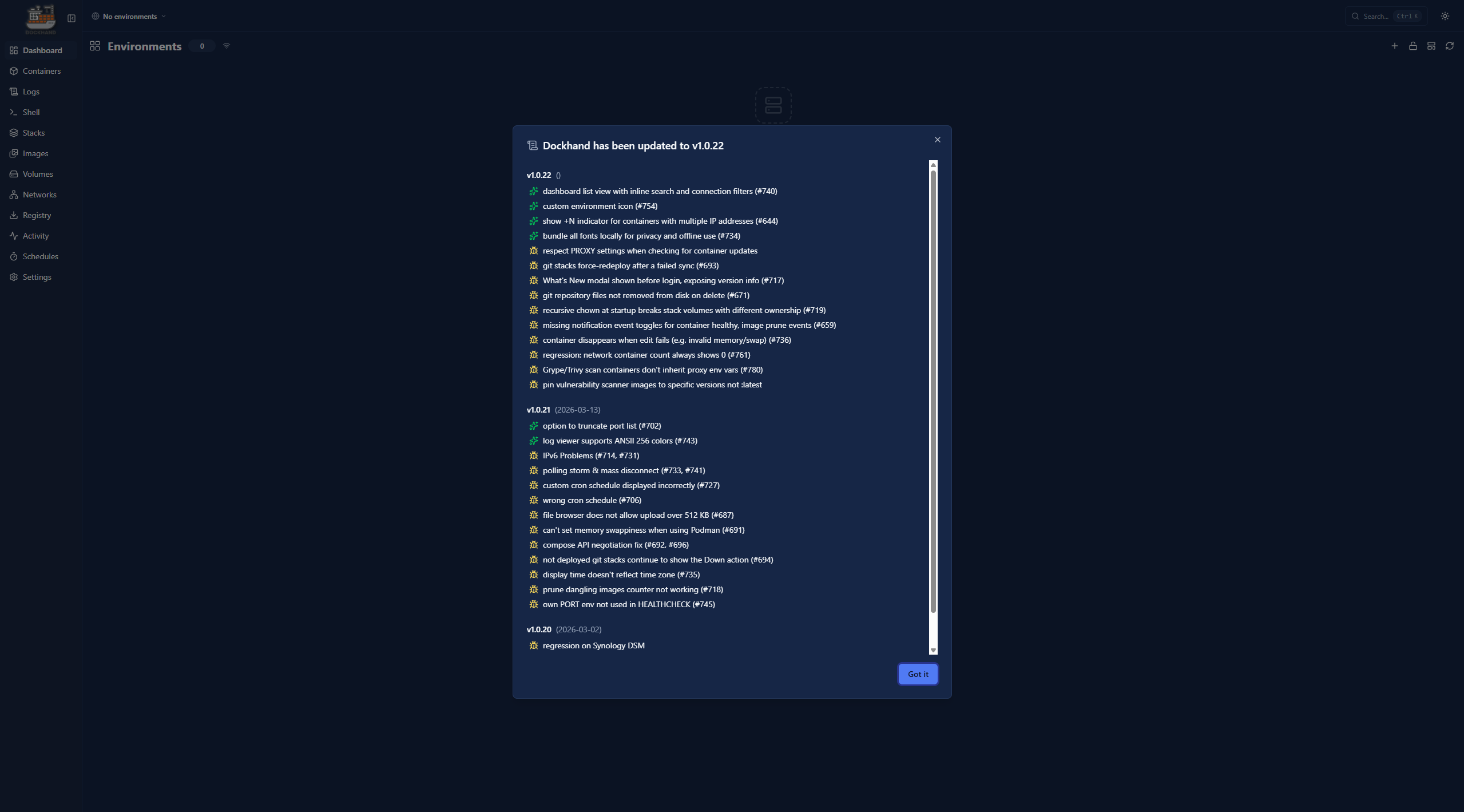 Окно обновления Dockhand с changelog