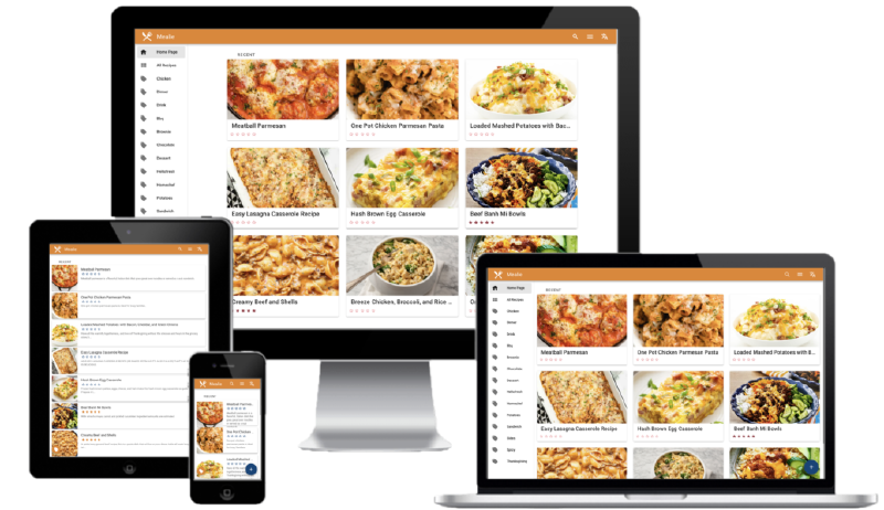 Mealie interface on desktop, tablet, and smartphone - recipe grid