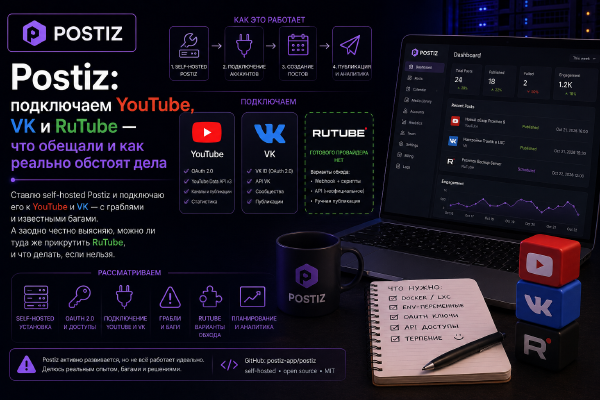 Postiz: пытаюсь автоматизировать YouTube, VK и RuTube - и почему из трех работает только один