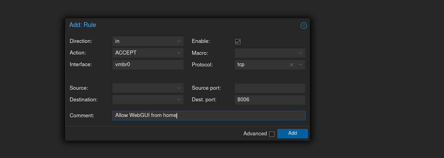 Правило для доступа к WebGUI (порт 8006)