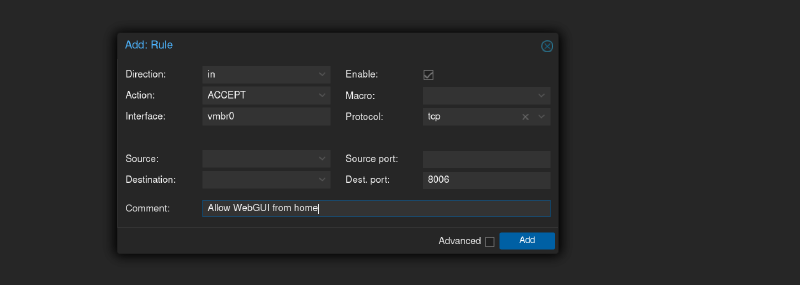 Правило для доступа к WebGUI (порт 8006)