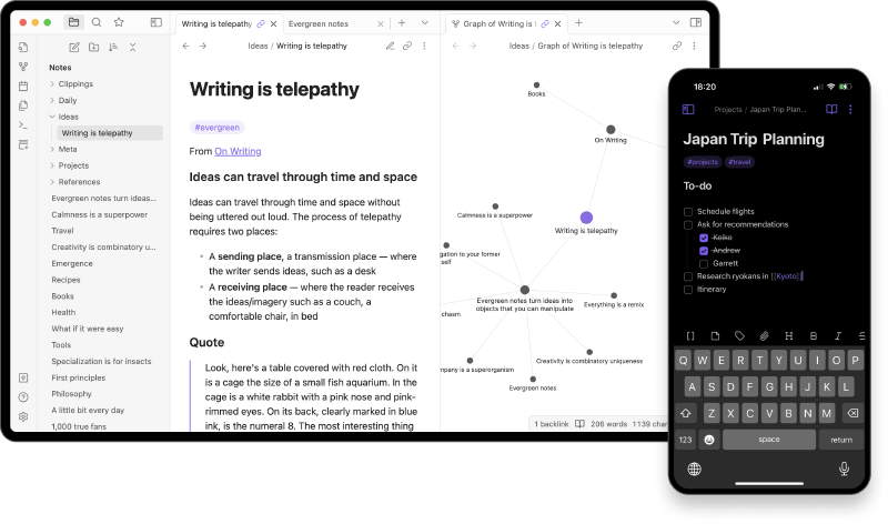Obsidian interface on desktop and mobile - a note, the graph view, and the mobile client