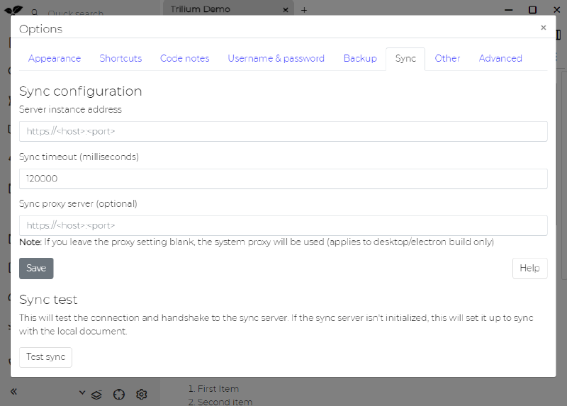 Sync tab in Trilium settings - entering the sync server address