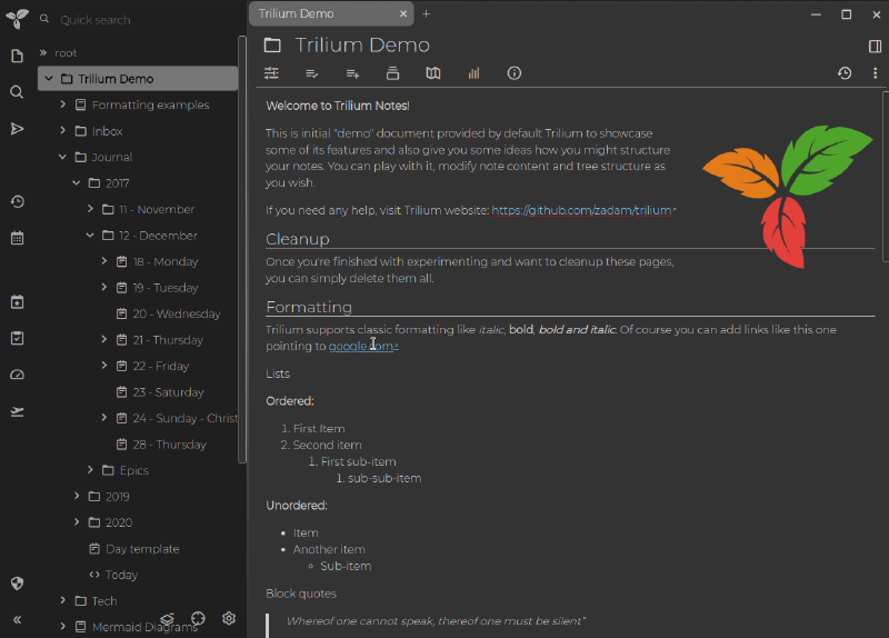 Trilium interface: demo note tree with formatting examples