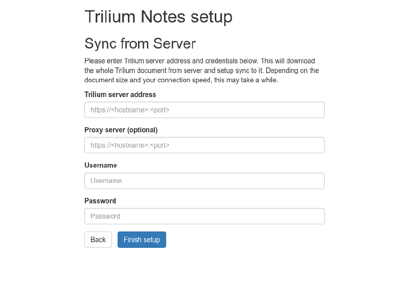 Initial setup screen of desktop Trilium: sync with server