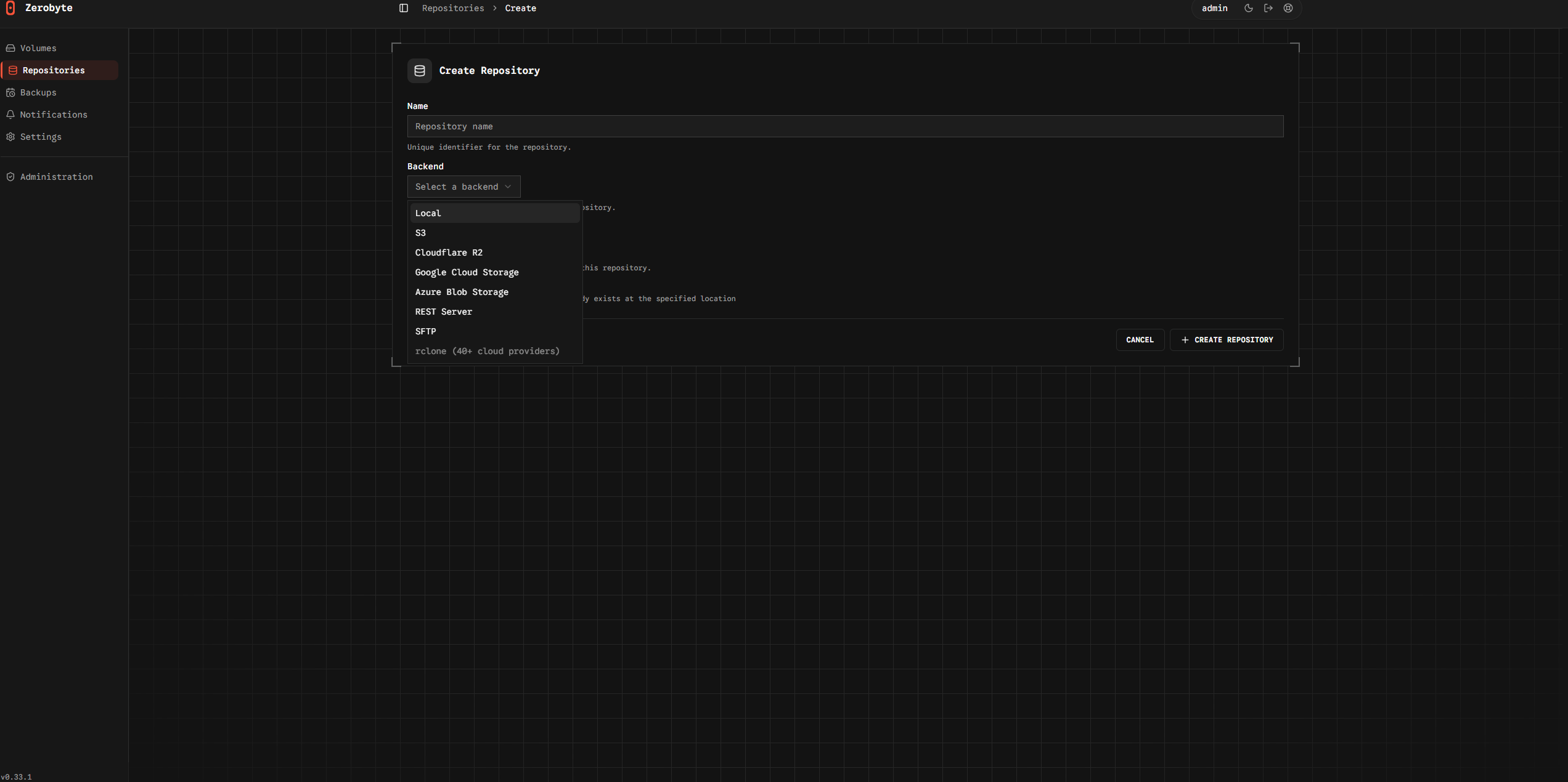 Создание репозитория с выбором backend: Local, S3, Cloudflare R2, Google Cloud Storage, Azure Blob Storage, REST Server, SFTP, rclone