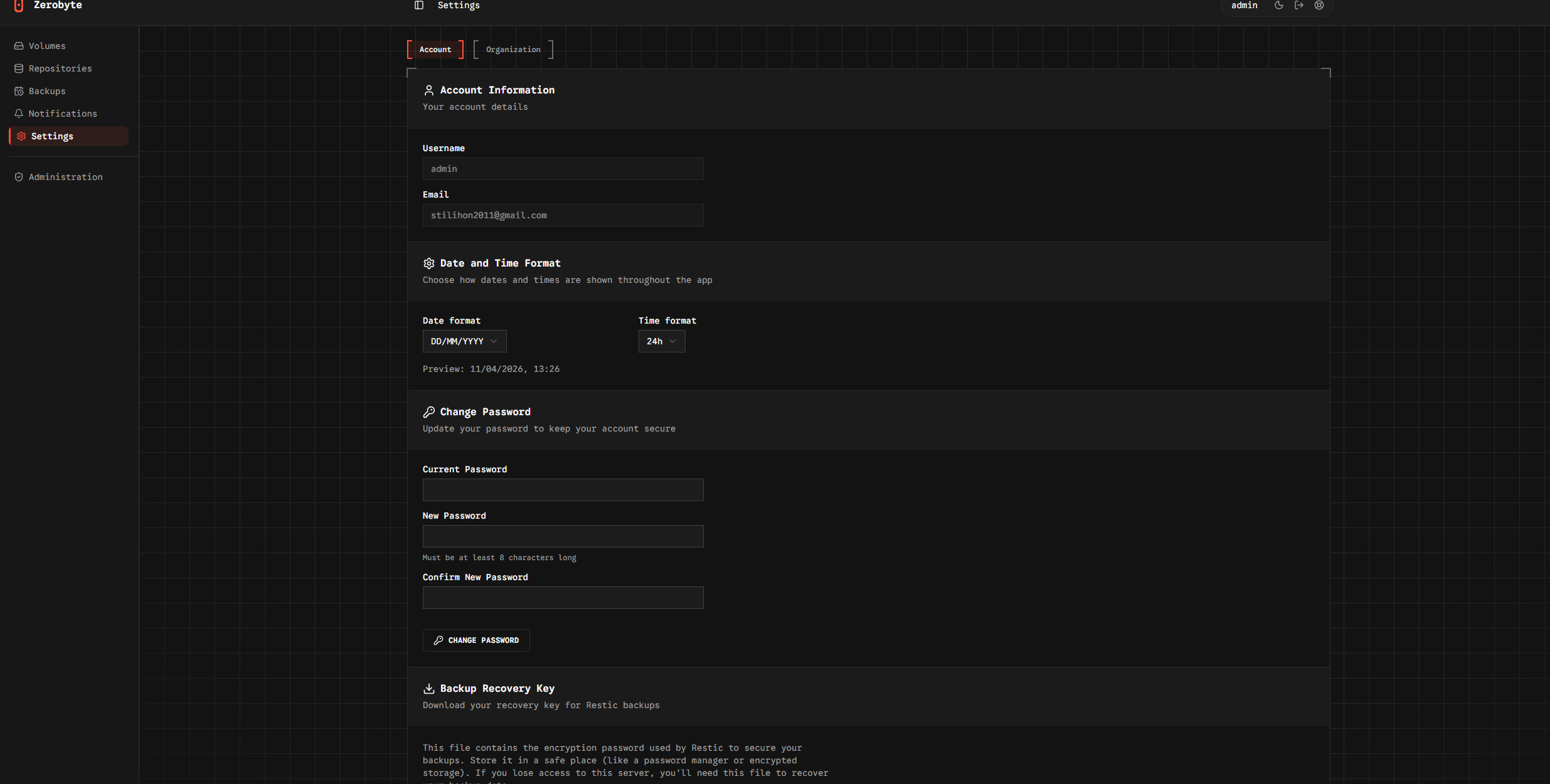 Раздел Settings → Account: профиль пользователя, смена пароля, recovery key